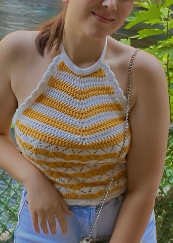 Defacto Sarı Beyaz Örgü Bohem Crop Top