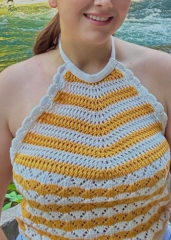 l Beden Sarı Beyaz Örgü Bohem Crop Top