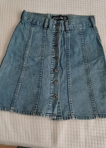 Düğmeli Mavi Kot Mini Etek