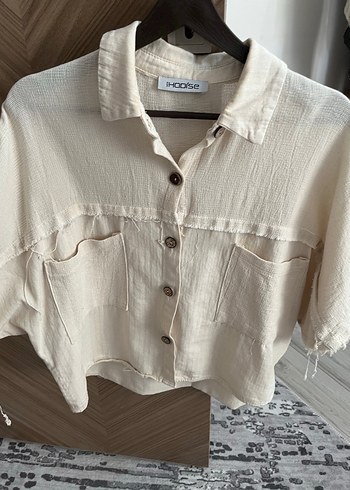 Zara Düğmeli Beyaz Keten Mini Gömlek