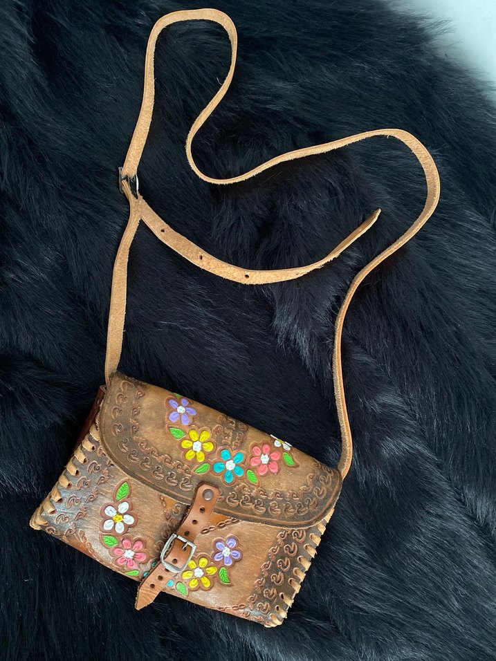 Çiçek Desenli Deri Bohem Çapraz Çanta - Görsel 3