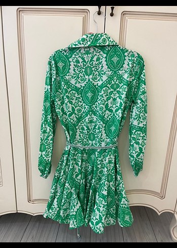 Yeşil Desenli Kemerli Mini Elbise - Görsel 2