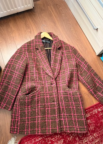 Zara Pembe Ekose Kruvaze Blazer Ceket