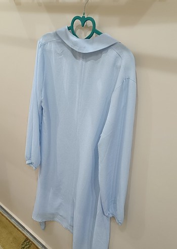 Mavi Keten Düğmeli Kadın Gömlek - Görsel 4