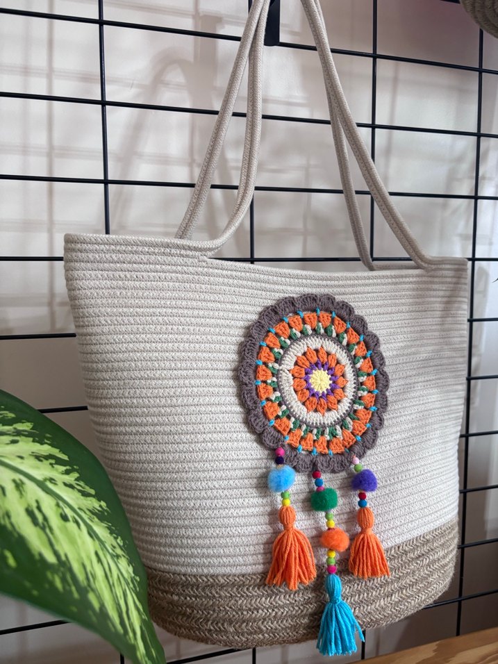 Renkli Nakışlı Bohem Örgü Kadın Çanta - Görsel 2