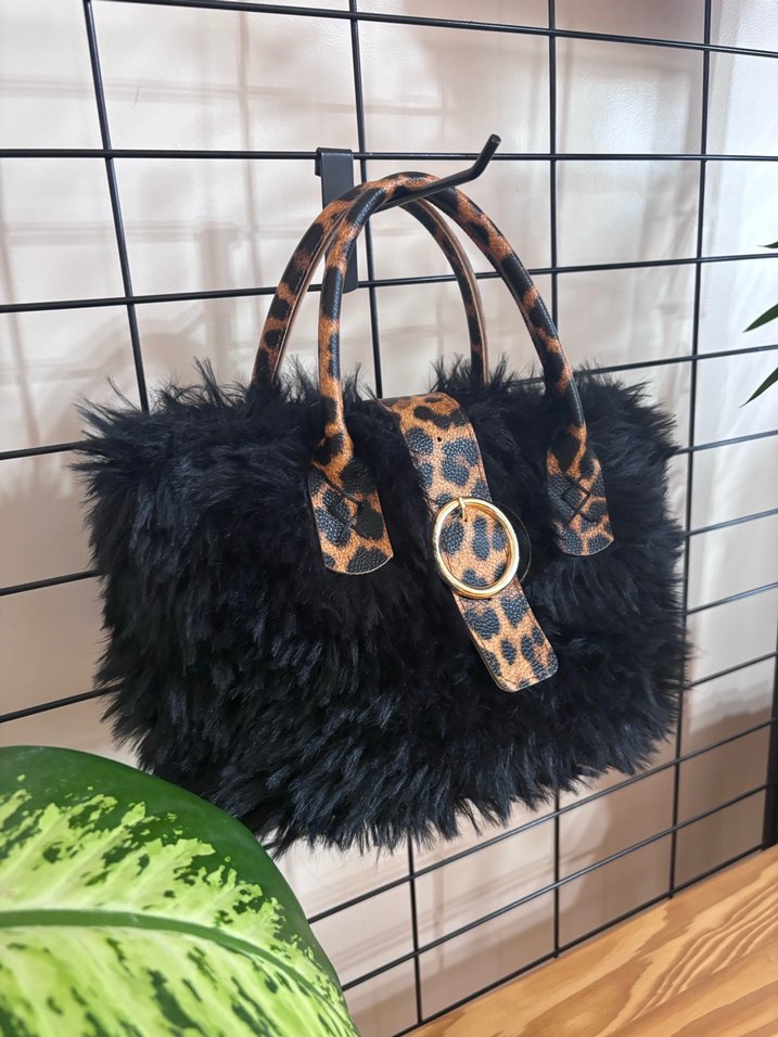 Kürk Detaylı Leopar Desenli Deri Kadın Çanta - Görsel 3