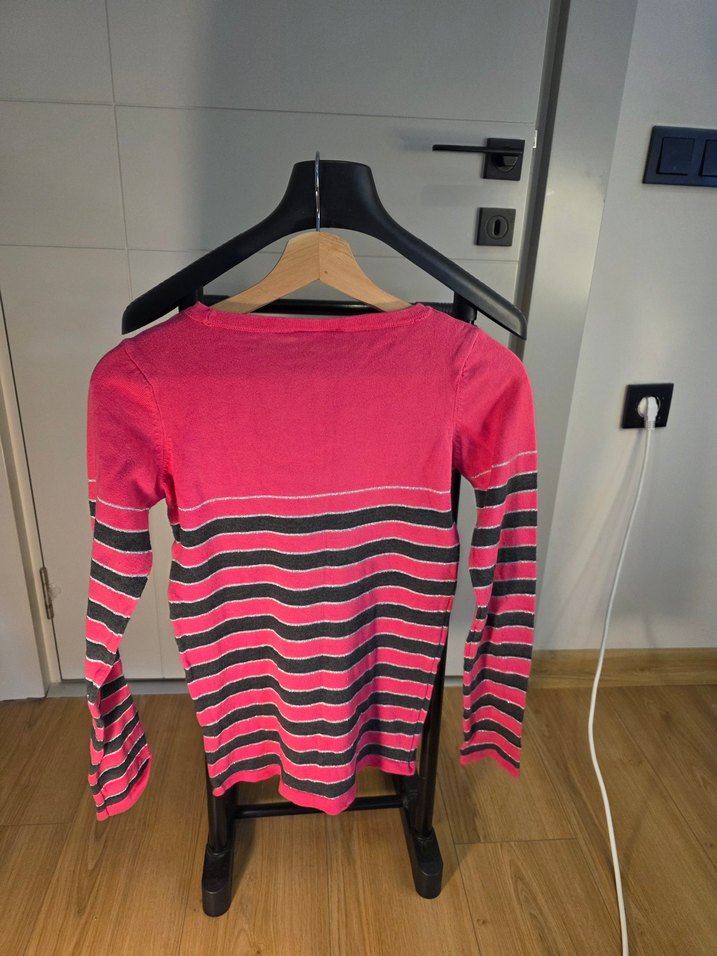 Kız Çocuk Pembe Gri Çizgili İnce Triko Kazak - Görsel 3