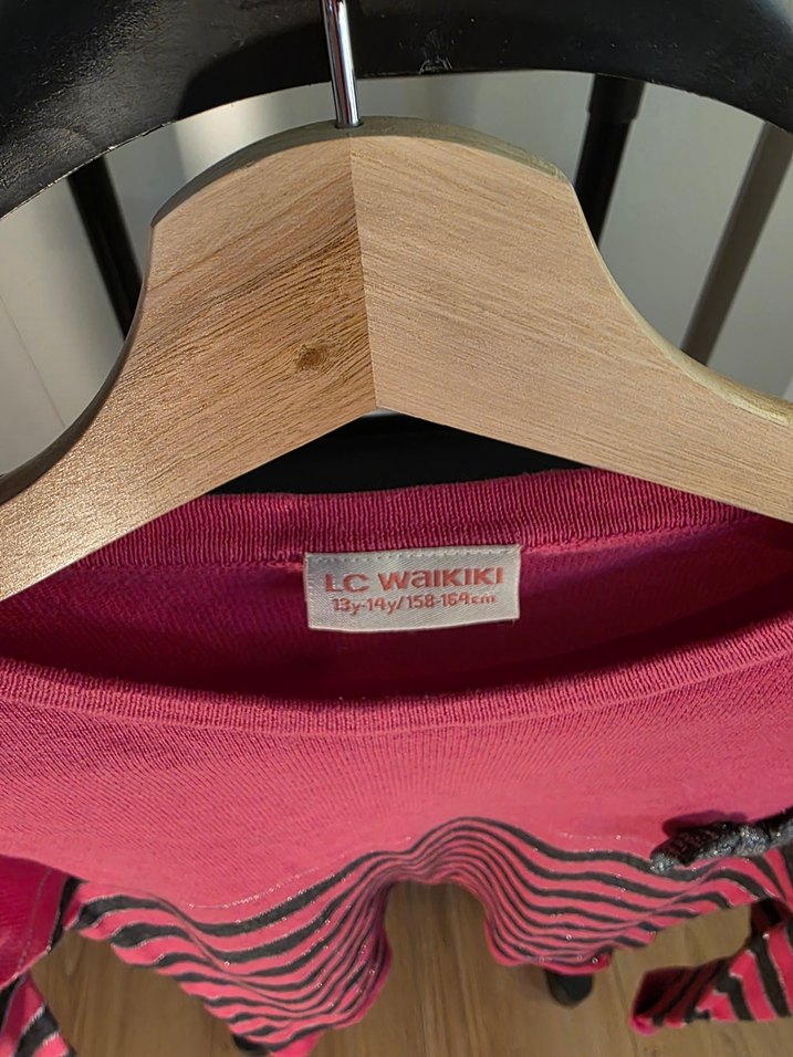 Kız Çocuk Pembe Gri Çizgili İnce Triko Kazak - Görsel 2