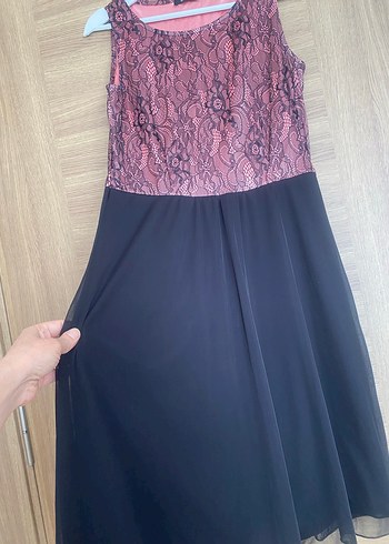 Dantel Detaylı Pembe Siyah Midi Elbise - Görsel 5