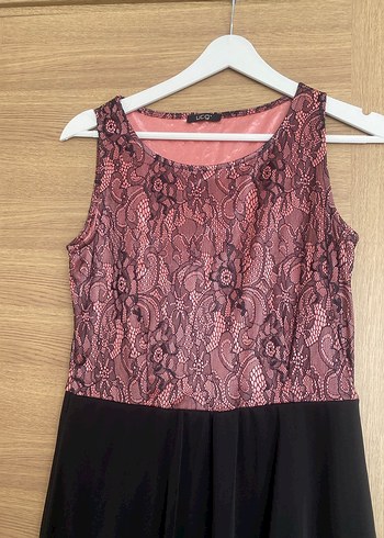 Dantel Detaylı Pembe Siyah Midi Elbise - Görsel 3