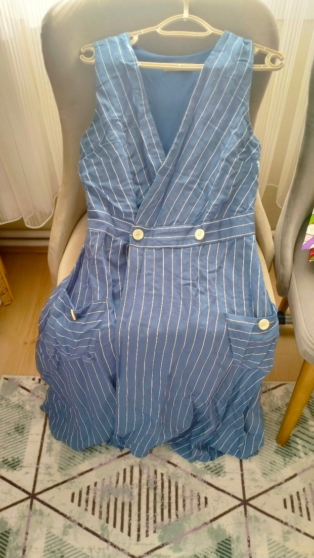 Düğmeli Uzun Keten Kadın Elbise - Görsel 2