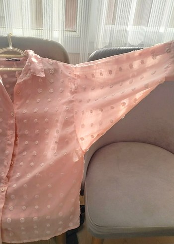 Düğmeli Pembe Uzun Kollu Midi Keten Gömlek - Görsel 2