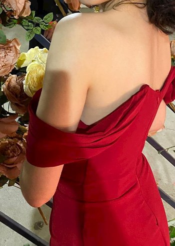 Kırmızı Drapeli Uzun Abiye Elbise - Görsel 2