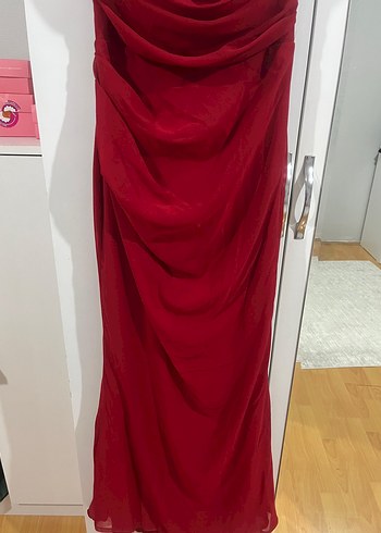 Kırmızı Drapeli Uzun Abiye Elbise - Görsel 7