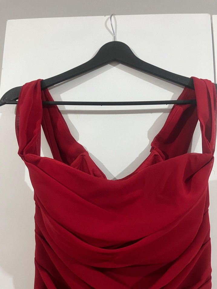 Kırmızı Drapeli Uzun Abiye Elbise - Görsel 4