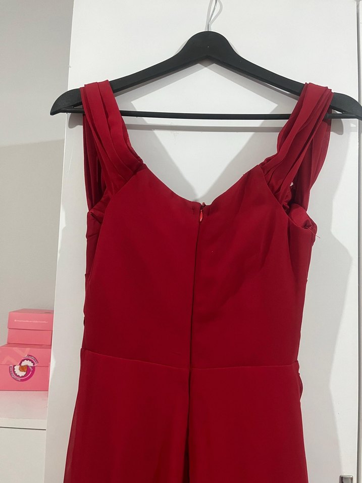 Kırmızı Drapeli Uzun Abiye Elbise - Görsel 5