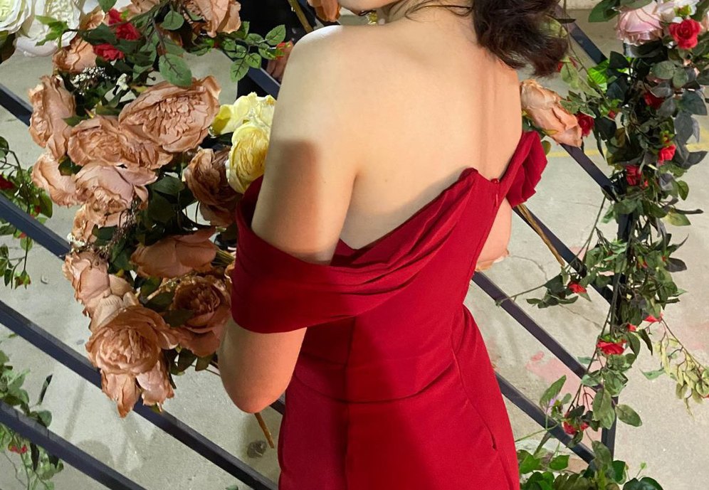 Kırmızı Drapeli Uzun Abiye Elbise - Görsel 2