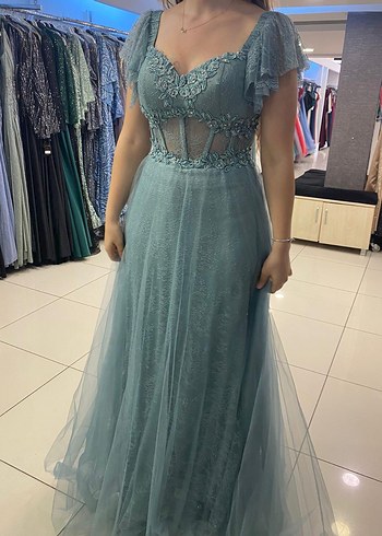 Boncuk İşlemeli Uzun mint yeşili Nişan Elbisesi - Görsel 2