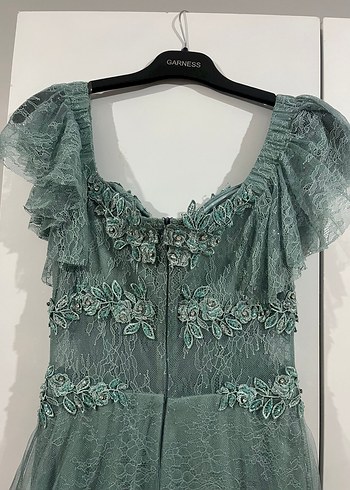 Boncuk İşlemeli Uzun mint yeşili Nişan Elbisesi - Görsel 4