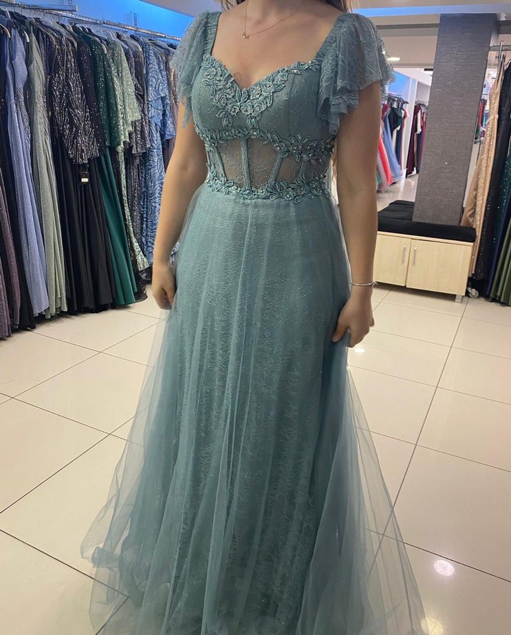 Boncuk İşlemeli Uzun mint yeşili Nişan Elbisesi - Görsel 2
