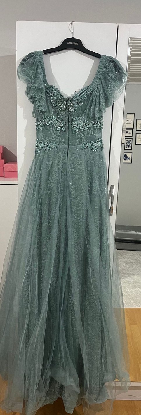 Boncuk İşlemeli Uzun mint yeşili Nişan Elbisesi - Görsel 5