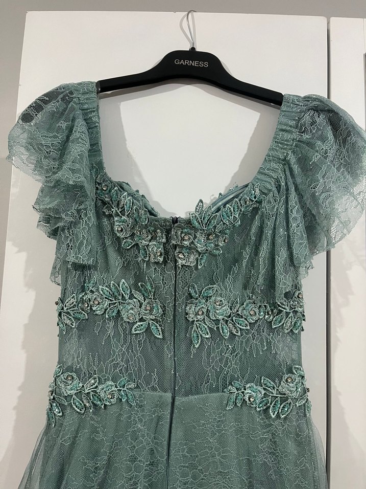 Boncuk İşlemeli Uzun mint yeşili Nişan Elbisesi - Görsel 4