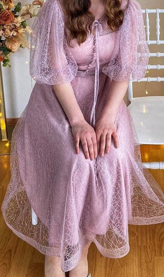 Dantel Detaylı Pudra Midi söz Nişan Elbisesi - Görsel 2