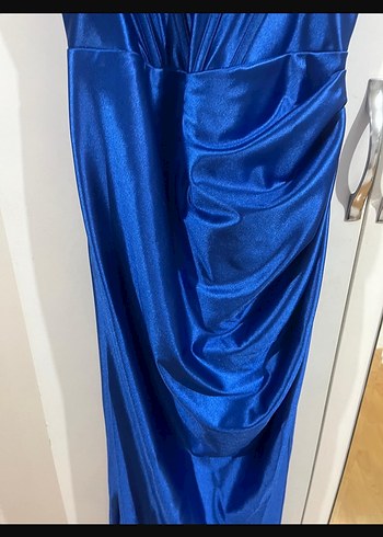 Parlak saka mavısi  Saten V Yaka Uzun elbise - Görsel 5