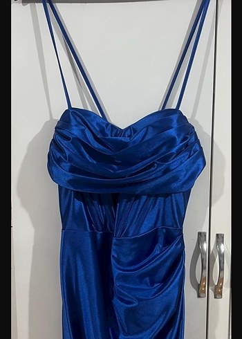 Parlak saka mavısi  Saten V Yaka Uzun elbise - Görsel 2