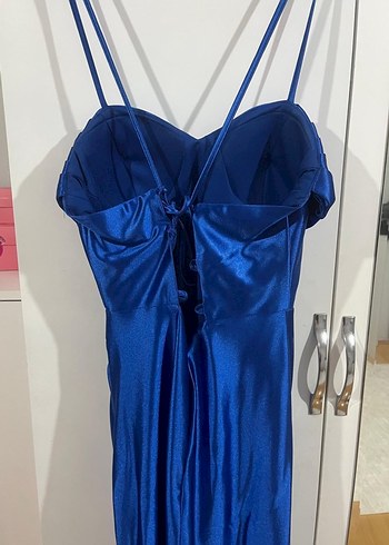 Parlak saka mavısi  Saten V Yaka Uzun elbise - Görsel 3