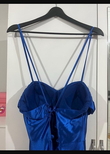 Parlak saka mavısi  Saten V Yaka Uzun elbise - Görsel 4