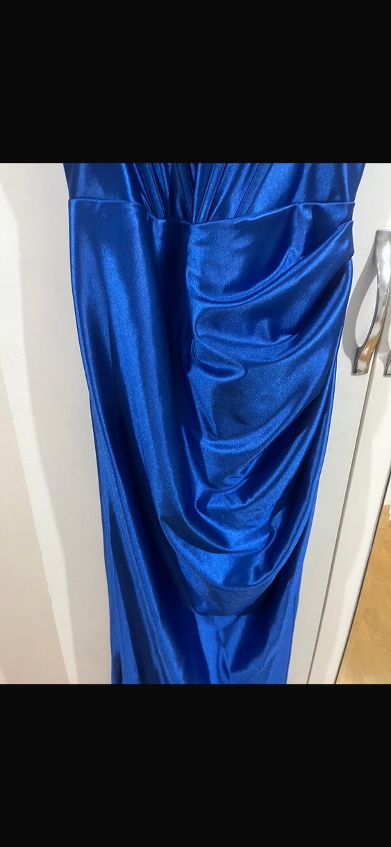 Parlak saka mavısi  Saten V Yaka Uzun elbise - Görsel 5