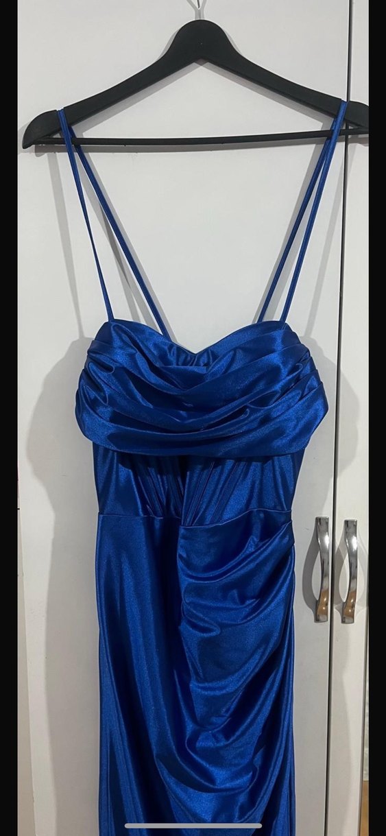 Parlak saka mavısi  Saten V Yaka Uzun elbise - Görsel 2