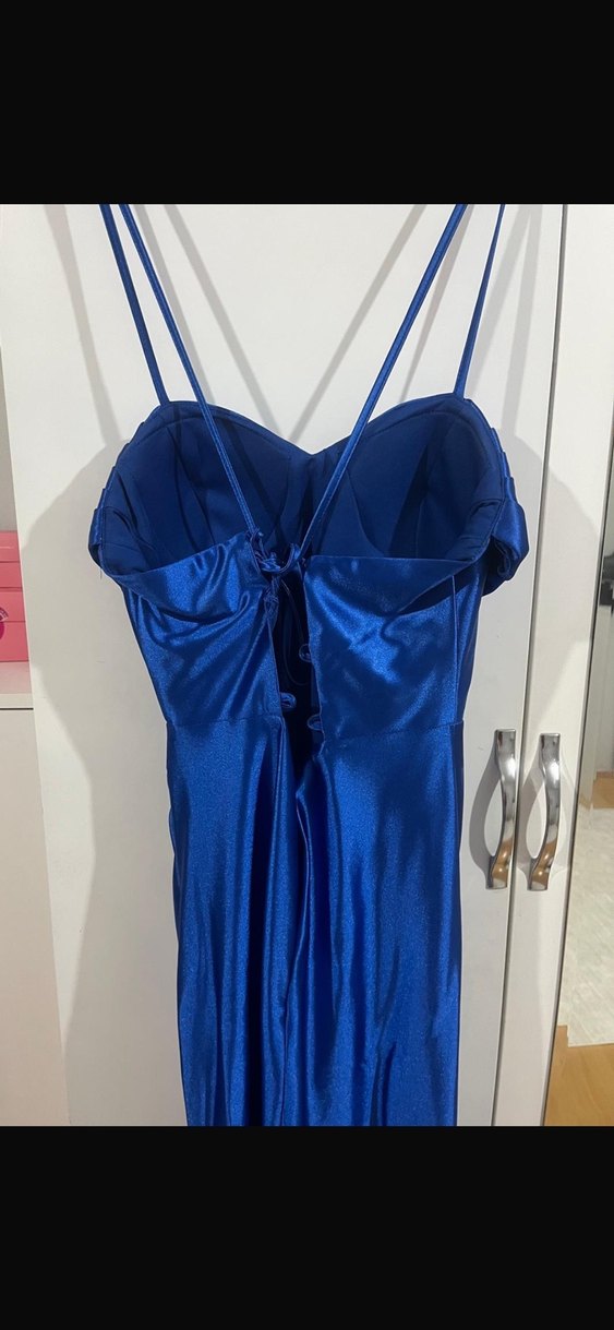 Parlak saka mavısi  Saten V Yaka Uzun elbise - Görsel 3