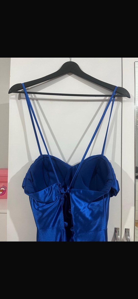 Parlak saka mavısi  Saten V Yaka Uzun elbise - Görsel 4