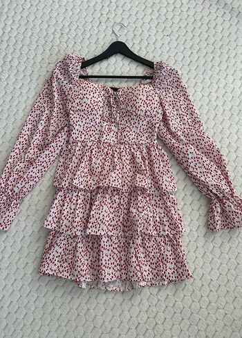 Uzun Kollu Bordo Fırfırlı Mini Elbise