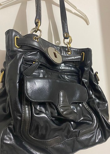 Kilit Tokalı Siyah Deri Kadın Çanta - Görsel 3