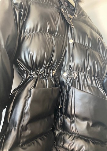 Kürklü Siyah Deri Uzun Kadın Kışlık Mont - Görsel 3