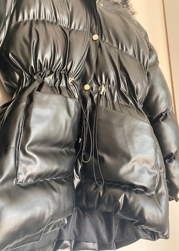 Kürklü Siyah Deri Uzun Kadın Kışlık Mont - Görsel 8