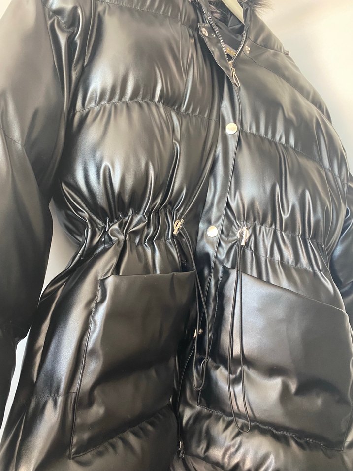 Kürklü Siyah Deri Uzun Kadın Kışlık Mont - Görsel 3