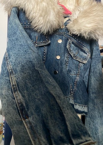 Kadın Kürklü Nakışlı Mavi Denim Ceket - Görsel 4