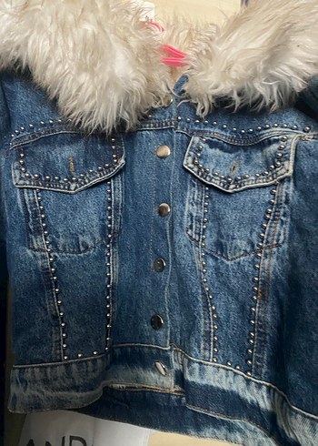 Kadın Kürklü Nakışlı Mavi Denim Ceket - Görsel 3