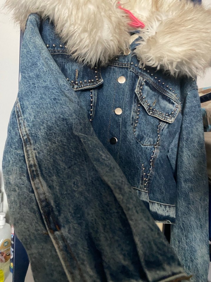 Kadın Kürklü Nakışlı Mavi Denim Ceket - Görsel 4