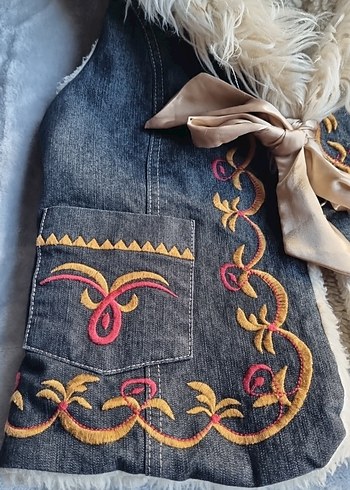 Diğer Nakışlı Kürklü Gri Denim Kadın Yelek