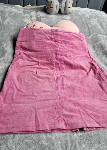 s Beden pembe Renk Düğmeli Pembe Fitilli Kadife Midi Etek