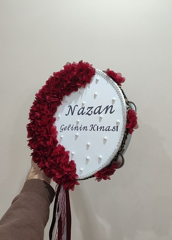 Bordo Çiçekli Gelin tefi isme özel yapılır - Görsel 3