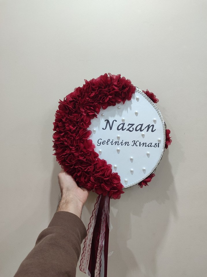 Bordo Çiçekli Gelin tefi isme özel yapılır - Görsel 4