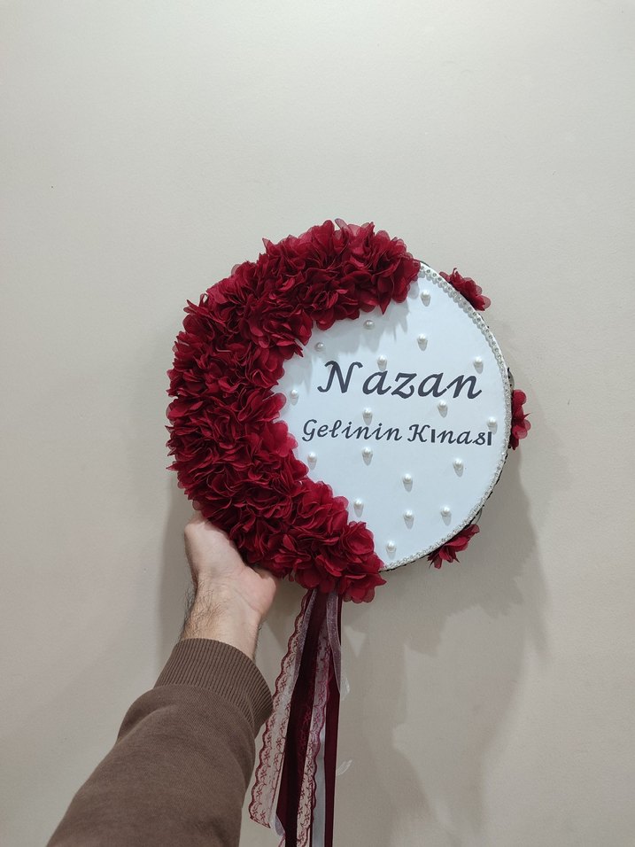 Bordo Çiçekli Gelin tefi isme özel yapılır - Görsel 2