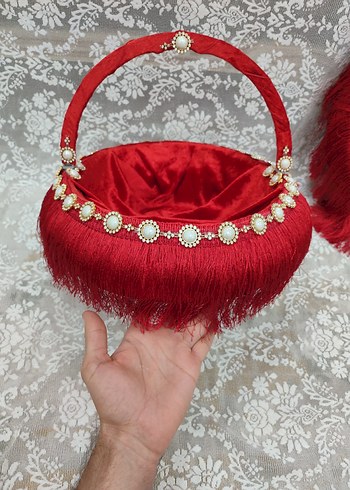 Klasik Kırmızı Boncuklu püsküllü kına sepeti takımı - Görsel 2