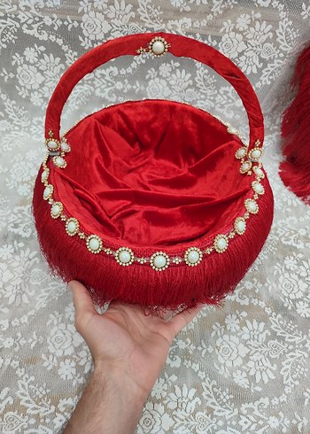 Klasik Kırmızı Boncuklu püsküllü kına sepeti takımı - Görsel 4